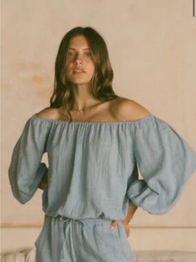 Phi Collective Off-Shoulder Balloon Sleeve Top in Dark Green (not light blue)
